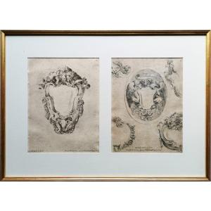 Stefano Della Bella, 2 Baroque Etchings 17th Century, 1646, Raccolta..cartele Et Ornamenti, N°12+8
