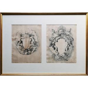 Stefano Della Bella, 2 Baroque Etchings 17th Century, 1646, Raccolta..cartele Et Ornamenti, No. 4+7