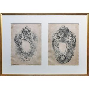 Stefano Della Bella, 2 Baroque Etchings 17th Century, 1646, Raccolta..cartele Et Ornamenti, N°5+3