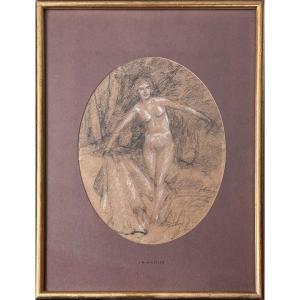 Jm Whistler (attr. To) 19th Century Drawing, Study Of A Nude Woman, Bathing In Nature, Circa Belle époque