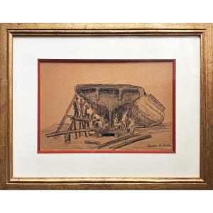 Jean Peské, Chantier Saint Nicolas, Pen, Ink Wash & Pencil Drawing, Situated By The Artist