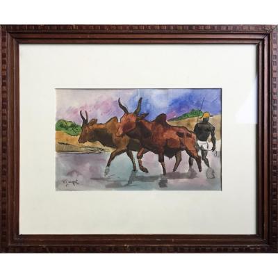 Georges Lucien Guyot, Africa, De Brousse Scene, Pen And Watercolour Signed In Lower Left