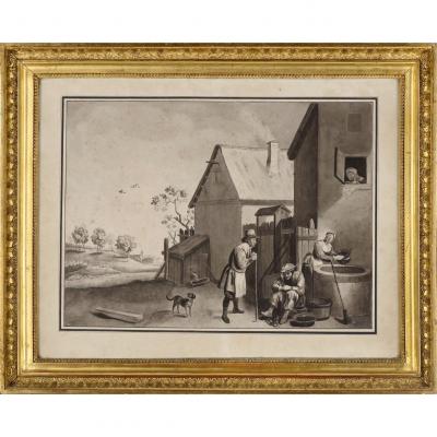 Suiveur Ou Atelier De David Téniers II (1610-1690) « La Ferme », Dessin Au Lavis, Fin XVIIe