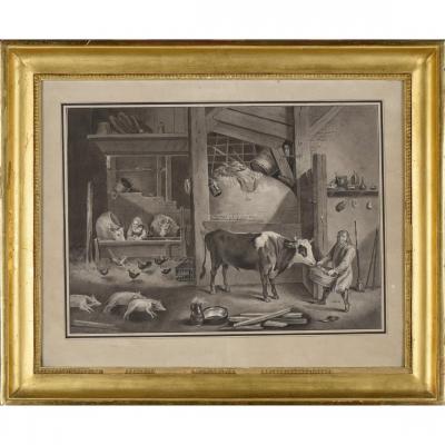 Suiveur Ou Atelier De David Téniers II (1610-1690) « Basse-cour », Dessin Au Lavis, Fin XVIIe