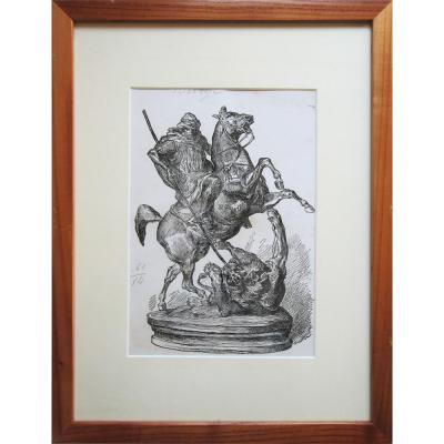 Arab Rider Killing A Lion, F. Gillot After Antoine Louis Barye Of, Zincograph Signed