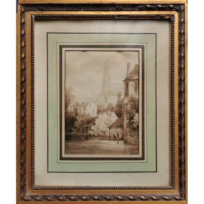 Pierre Justin Ouvrié (1806-1879), Chartres And Its Cathedral, Drawing In Lavis Dated 1826