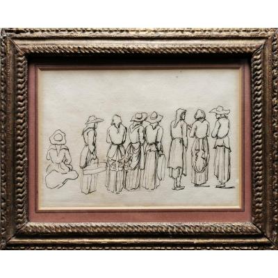 French School XIXth, Study Of Breton Peasants And Bretons, Pencil And Pen Drawing