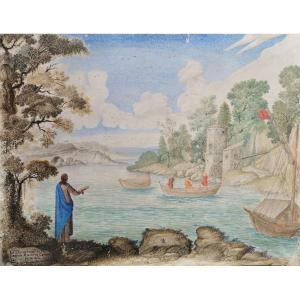 Dorotheus, Mirabilis Piscantur, Italian Neapolitan Gouache 17th Laminated On Copper 1643