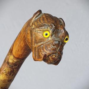 Antique Cane, Animal Cane, Folk Art, Dog With Glass Eyes