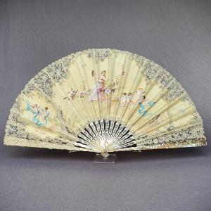 Art Nouveau Fan, Mother-of-pearl, Gouache On Skin, Lace, Venus And Her Putti, Circa 1900