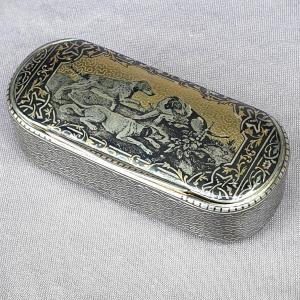 Niello Silver Snuffbox, Hunting Dogs, Spaniel, 19th Century