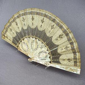 Antique Fan With Mother-of-pearl Frame And Sequined And Embroidered Leaf Circa 1860