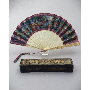 Canton Fan Known As “with A Thousand Faces”, In Its Box, 19th Century China