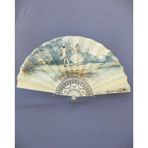 19th-century Fan, Gouache Painted Leaf, Bone Frame