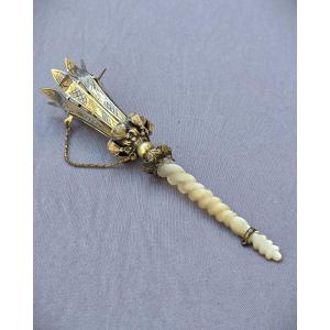 Ball Bouquet Holder, Antique Tussie Mussie, Mother-of-pearl Handle, Napoleon III Period
