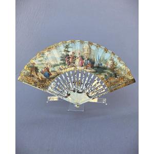 Antique Fan, Louis XVI Period, Gouache And Mother-of-pearl