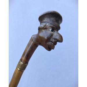 Cane, Folk Art Caricature, Man In A Cap And Big Nose