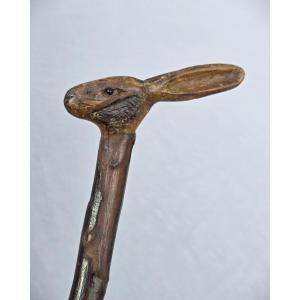 Antique Folk Art Walking Stick In Carved Single-piece Wood With A Hare And Rabbit Head