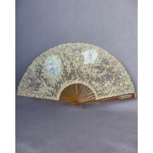 Antique Fan, Blonde Tortoiseshell, Needlepoint Lace, Gold Monogram M, Signed E. Guerard
