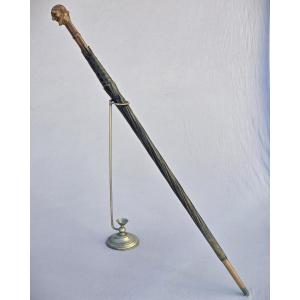 Folk Art Walking Stick With Carved Pommel, Late 19th Century, Monk And Umbrella
