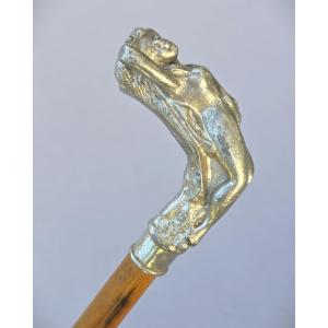 Cane With A Metal Handle Depicting A Reclining Woman