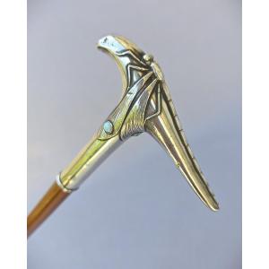 Antique Walking Stick, Art Nouveau Style, With A Dragonfly Pommel In Silver And Opals