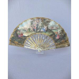 Antique Fan, Louis XVI Period, Mother-of-pearl And Gouache On Leather