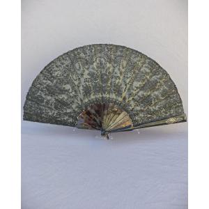 Tortoiseshell And Lace Fan, Silver Figure, 19th Century