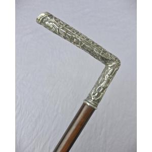 Metal Cane With Square Knob Decorated With Figures, Rosewood Shaft.
