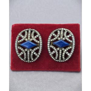 Silver Rhinestone And Lapis Lazuli Shoe Buckles 19th Century