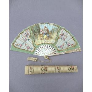 Antique Mother-of-pearl And Gouache Fan On Silk In Its Embroidered Box