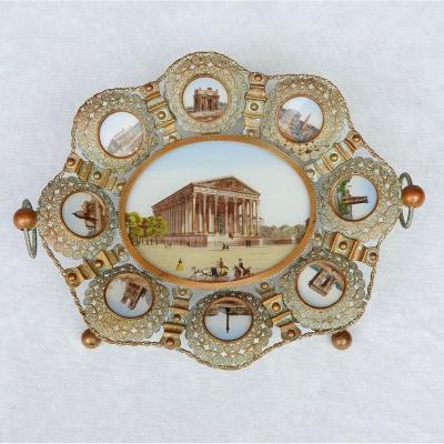 Fixed Under Glass, 9 Painted Miniatures Fixed Under Glass Monuments Of Paris, 19th Century