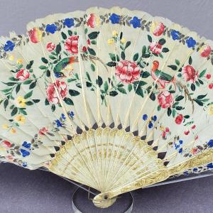 Antique Fan, Feathers Painted With Birds And Flowers, China