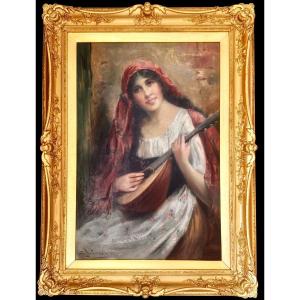 William Joseph Carroll (1842-1902) - Portrait Of A Beautiful Young Italian Woman Playing The Lute