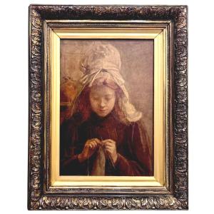 A Half-length Portrait Of A Young Girl Sewing, Circle Of Jozef Israëls (1824 - 1911)