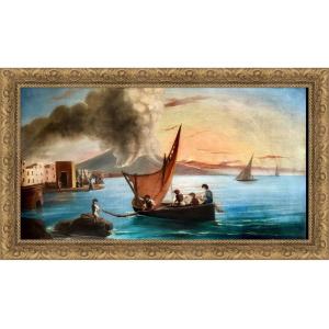 Fisherman In The Bay Of Naples With A Smoking Vesuvius, School Of Posillipo (late XIX)