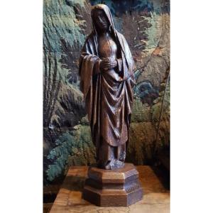 15th Century Gothic Sculpture, Virgin In Mourning In Carved Oak, Height 34 Cm