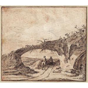 17th C Drawing By Nicolaes Van Lijnhoven (haarlem Circa 1610 – 1702) Landscape With Travelers