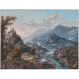 18th C Old Master Drawing Gouache By Willem Troost (amsterdam 1684–1752) Panoramic Landscape