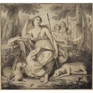 18th C Old Master Drawing By Louis Fabritius Dubourg (amsterdam 1693–1775), Diana At Rest 