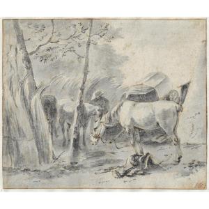 Dutch 17th-c Old Master Drawing By Hendrick Verschuring (gorkum 1627-1690) Horses At Rest