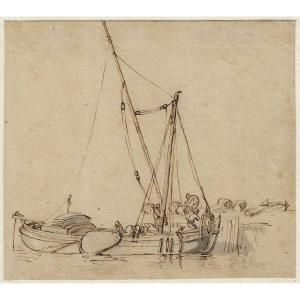 17th Century Old Master Drawing Dutch School, C. 1650 Study Of A Boat