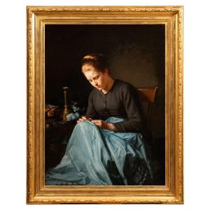 Young Girl With A Blue Tablecloth, Hyppolite Michaud (1823 - 1886)