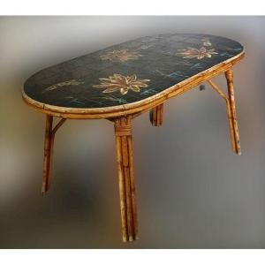 Rattan And Ceramic Table From Vallauris