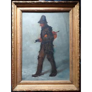 Street Musician With Violin – Oil On Panel With Gilt Frame