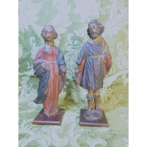 Pair Of Polychrome Carved Wooden Religious Statuettes, Of Austrian Origin (17th Century)