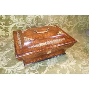Sarcophagus-shaped Casket In Maple Burl, Adorned With Gilt Bronze. 