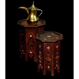 Pair Of Tables Engraved And Inlaid In Cedar Wood, Morocco From The 19th Century