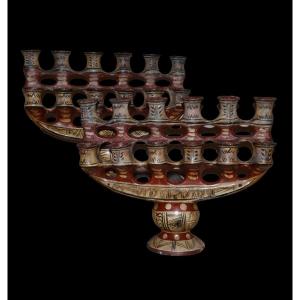Important Pair Of Wedding Lamps, Painted Terracotta, Kabylie, Algeria, 1900 - 1930, Museum