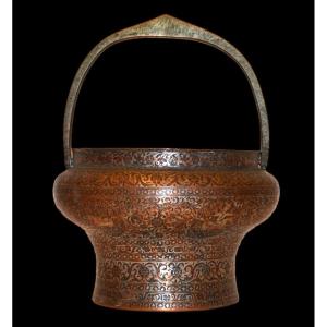 19th Century Kadjar Hammam Bucket, Tinned Copper, Finely Chiseled Hunting Scenes, Persia (iran)